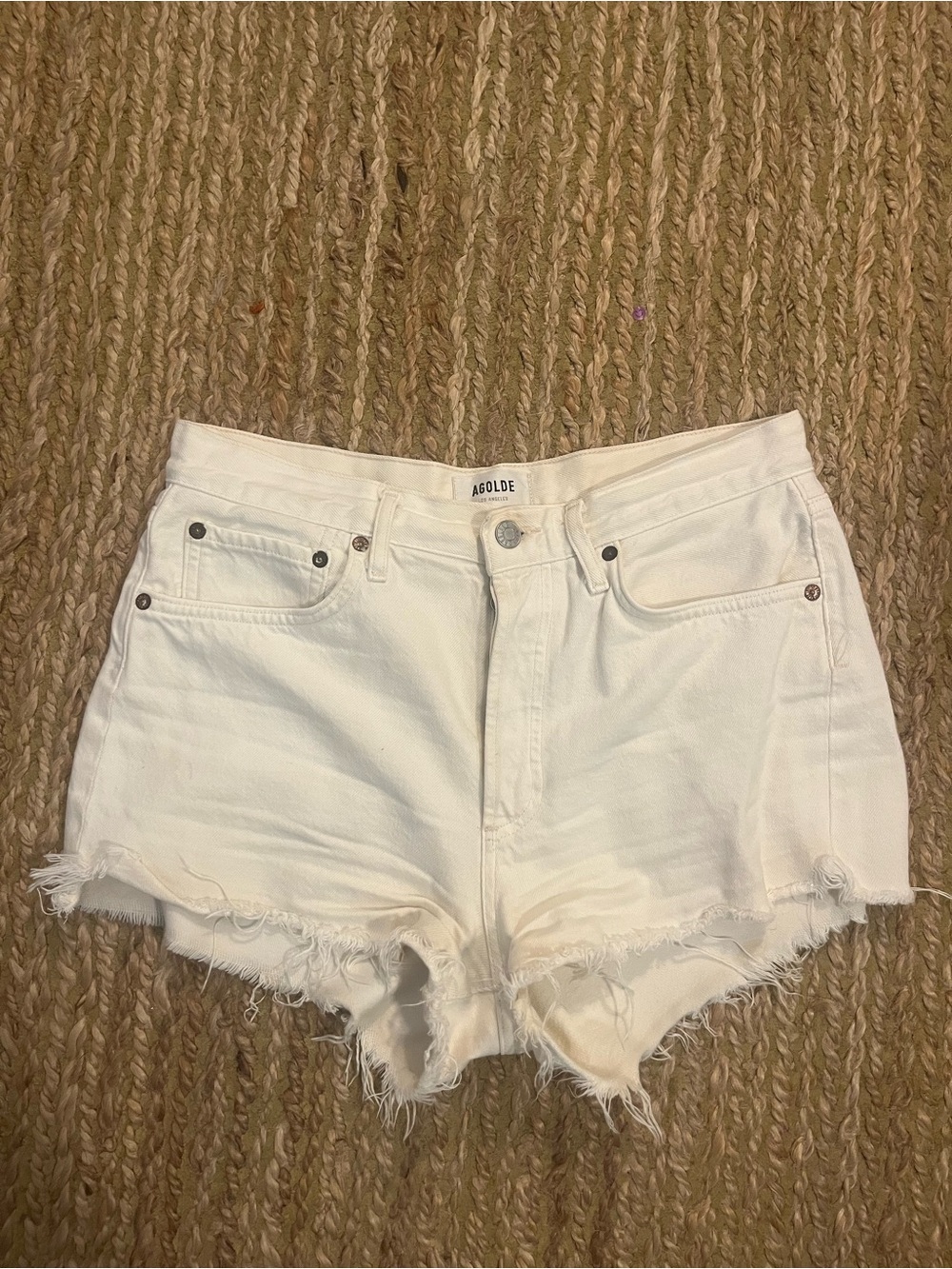 Agolde White High-Rise Frayed Hem Denim Shorts